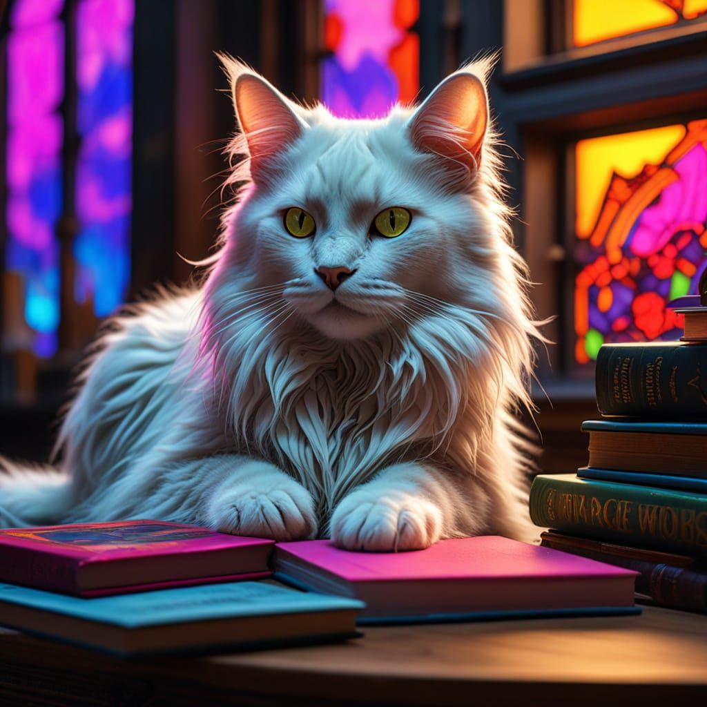 Majestic Angora Cat Amidst Golden Leather-Bound Tomes