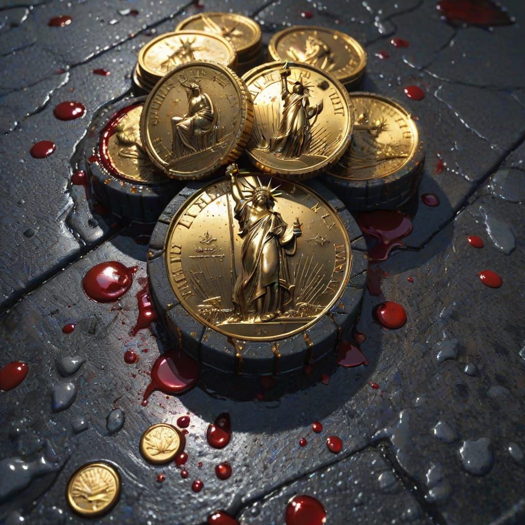 Gold Liberty Coins on Bloody Asphalt