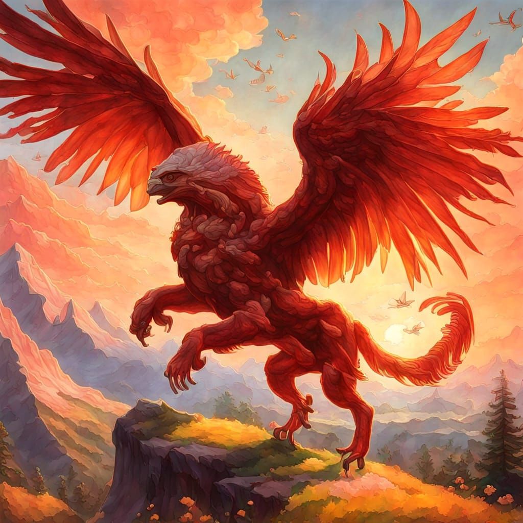 Griffin Soaring Through Sunset Sky, Oil Painting