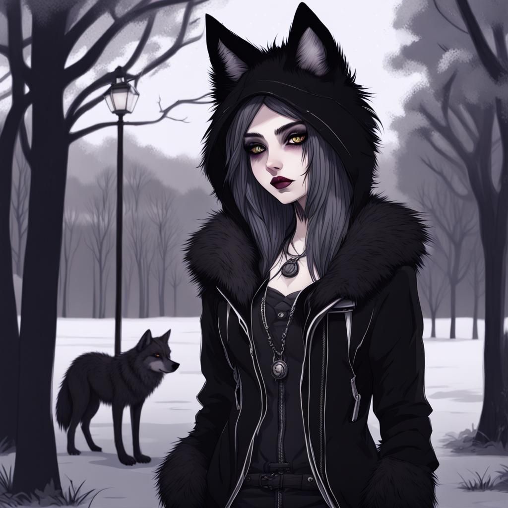 Wolf Furry Girl in Goth Style at Night