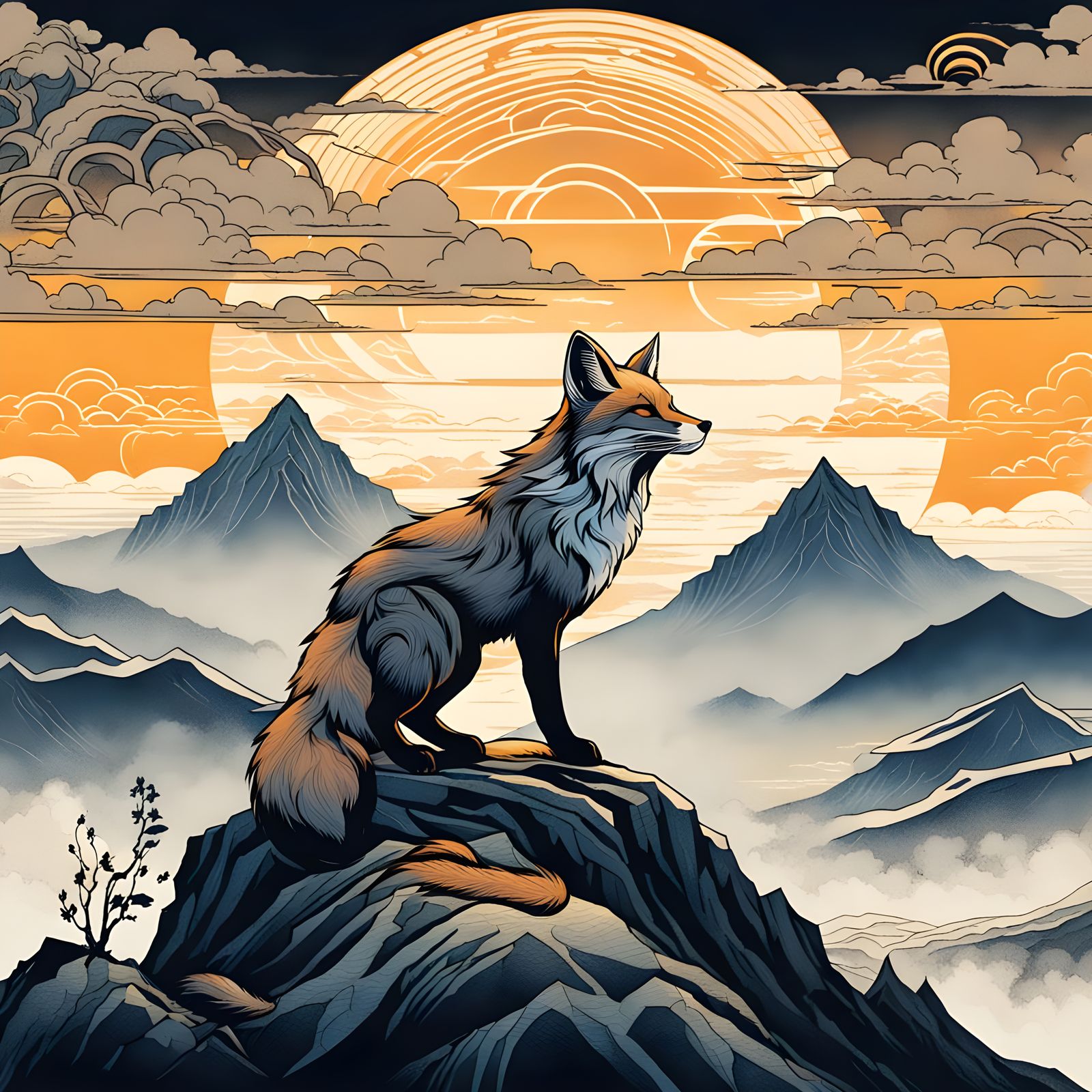 Mountain Spirit Fox in Ukiyo-e Style