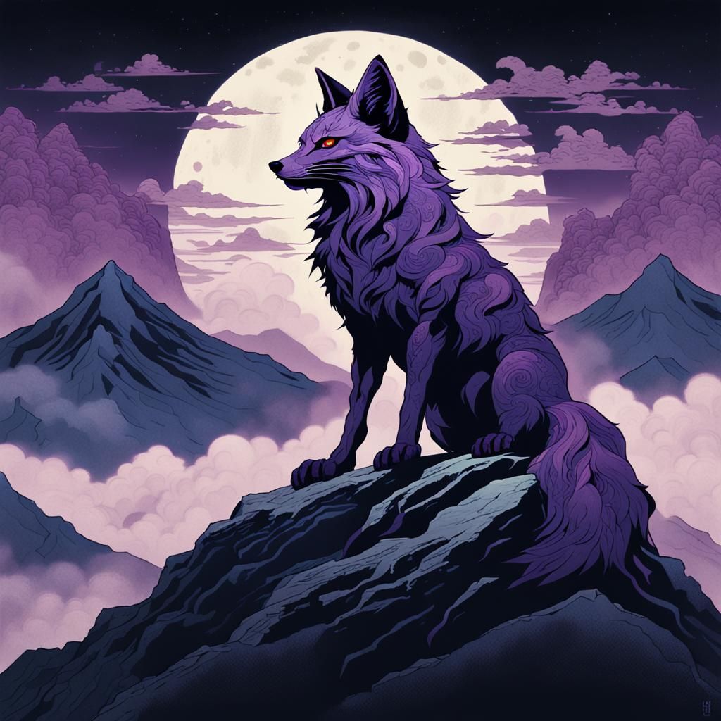 Mountain Spirit Fox in Dark Fantasy Ukiyo-e Style