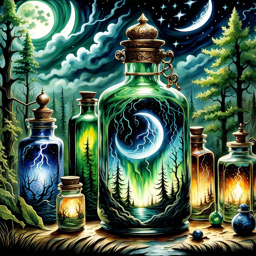 Eerie Potion Bottle in Burtonesque Watercolor Marsh