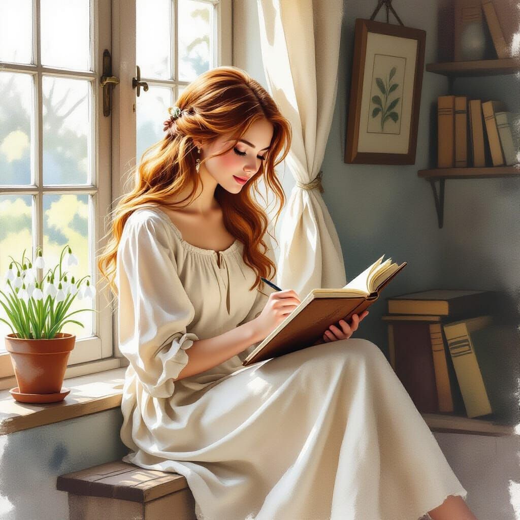 Young Woman Sketching by Window in Watercolor Style