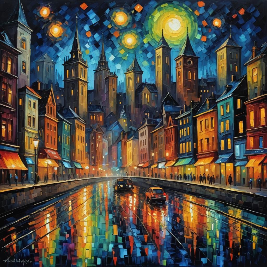 Glowing Midnight City in Expressionist Oil Painting