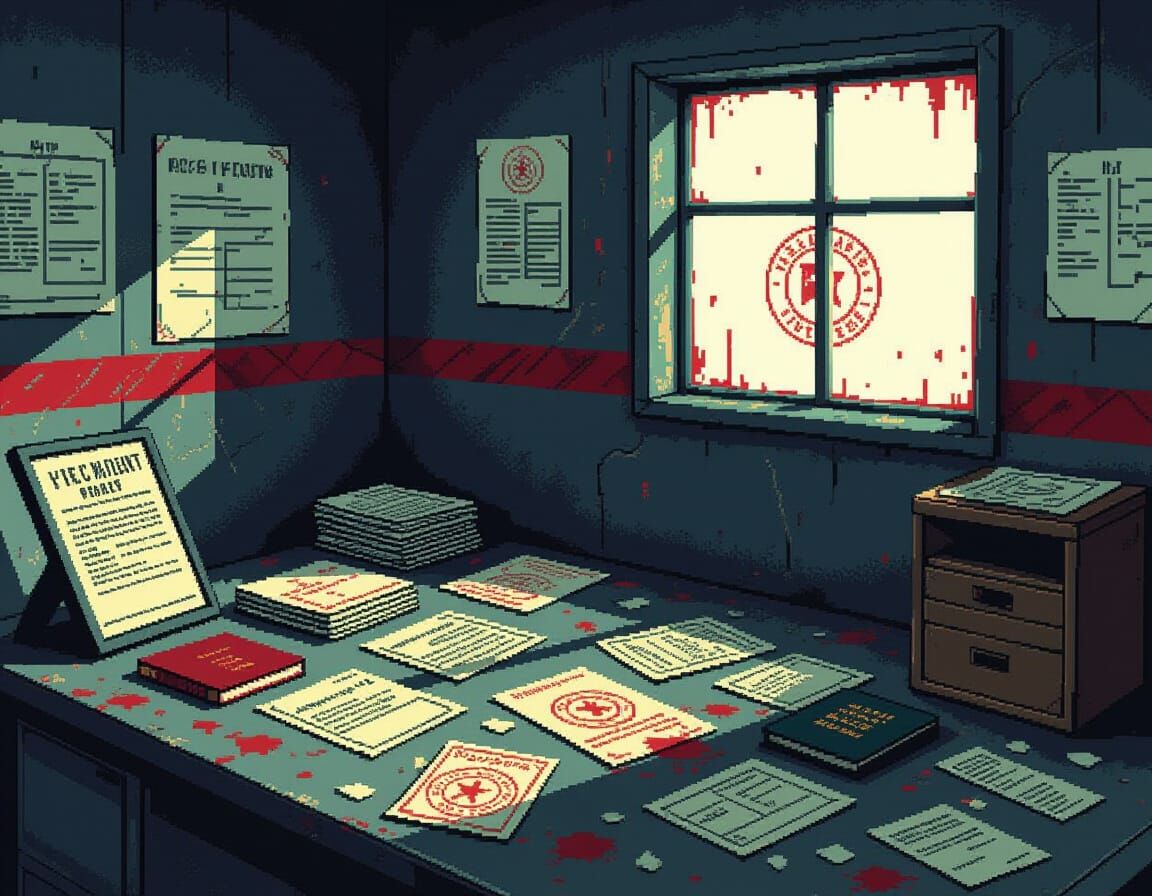 Dystopian Border Checkpoint in Pixel-Art Style