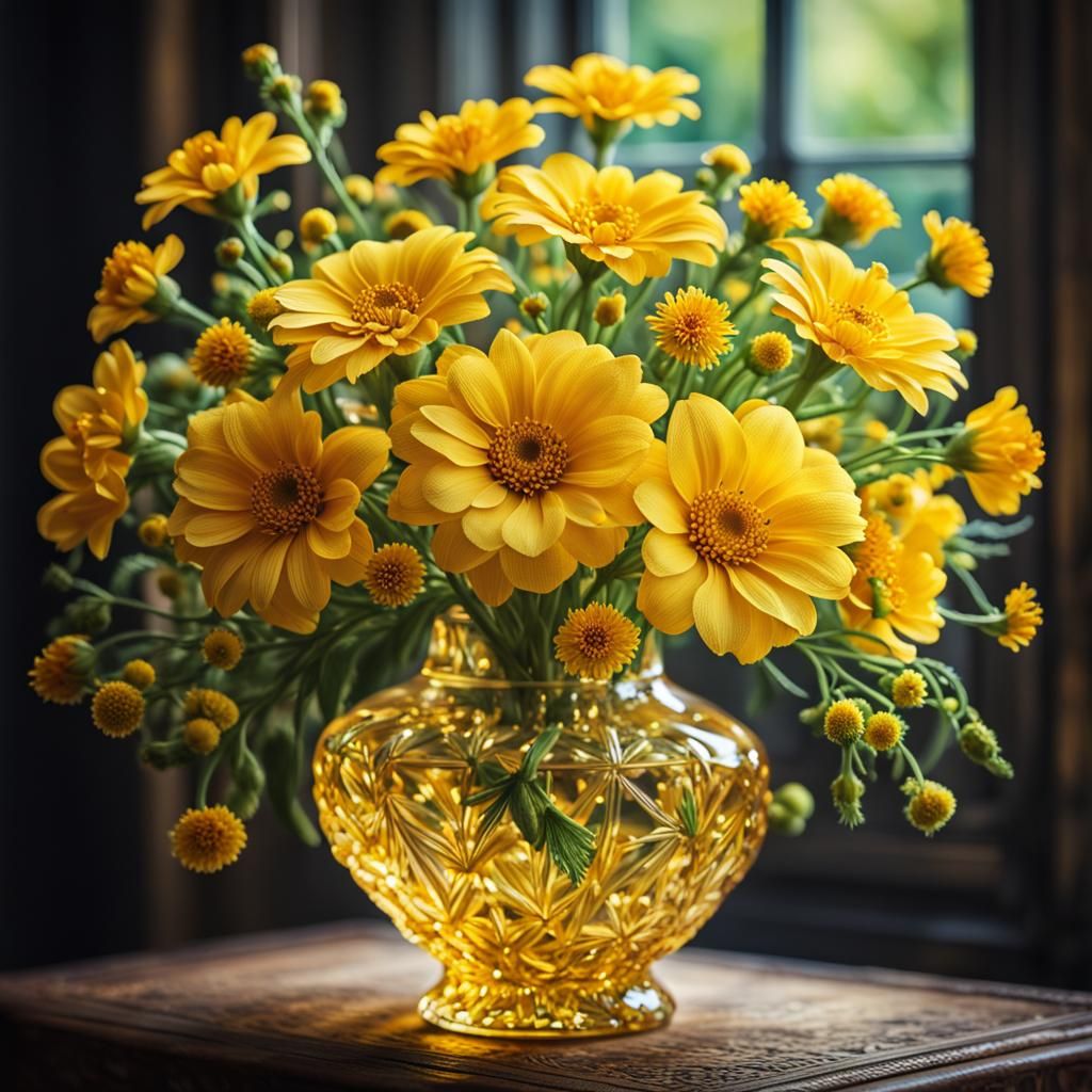 Ornate Yellow Vase with Summer Flowers