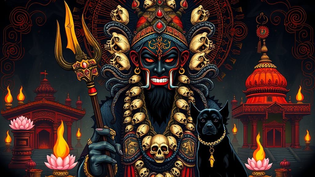 Serene yet Ferocious Ancient Indian God in Jewel-Toned Minia...