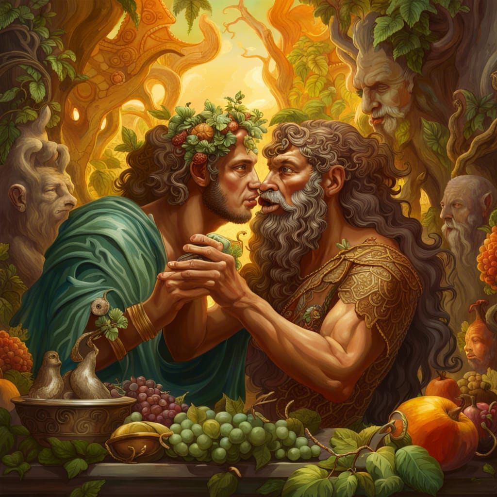 Dionysus and Pan in Pagan Temple, Surreal Style