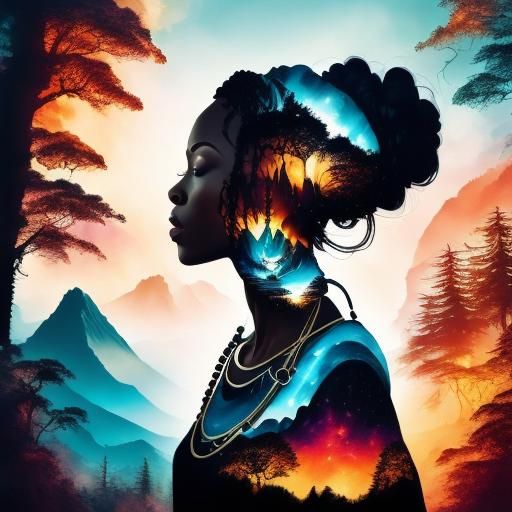 African Woman Portrait with Forest Double Exposure