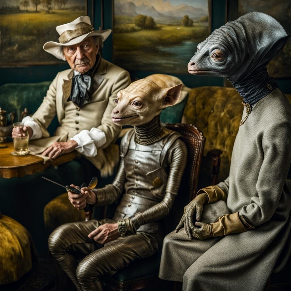 Surreal Restaurant Scene with Exotic Aliens, Professional Ph...