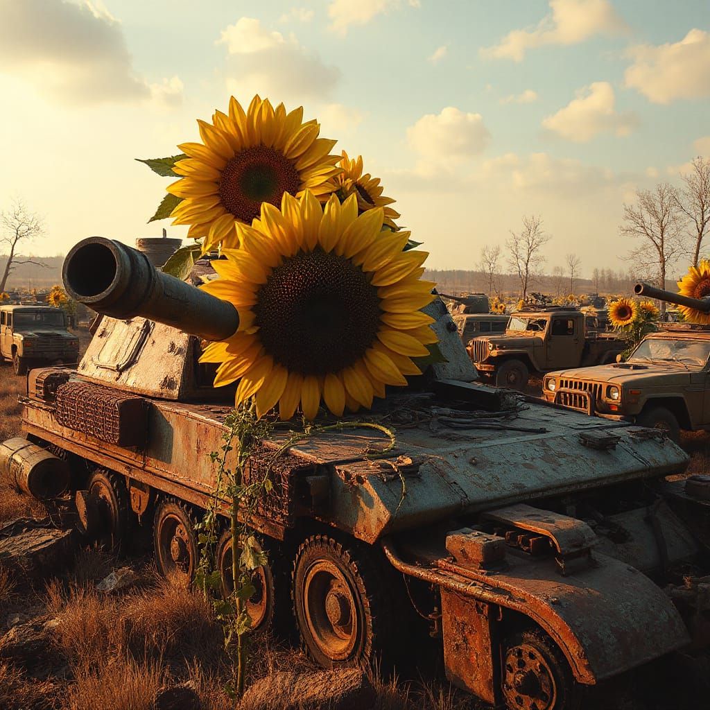 Sunflower Growing From Destroyed Tank, Post-Apocalyptic Land...