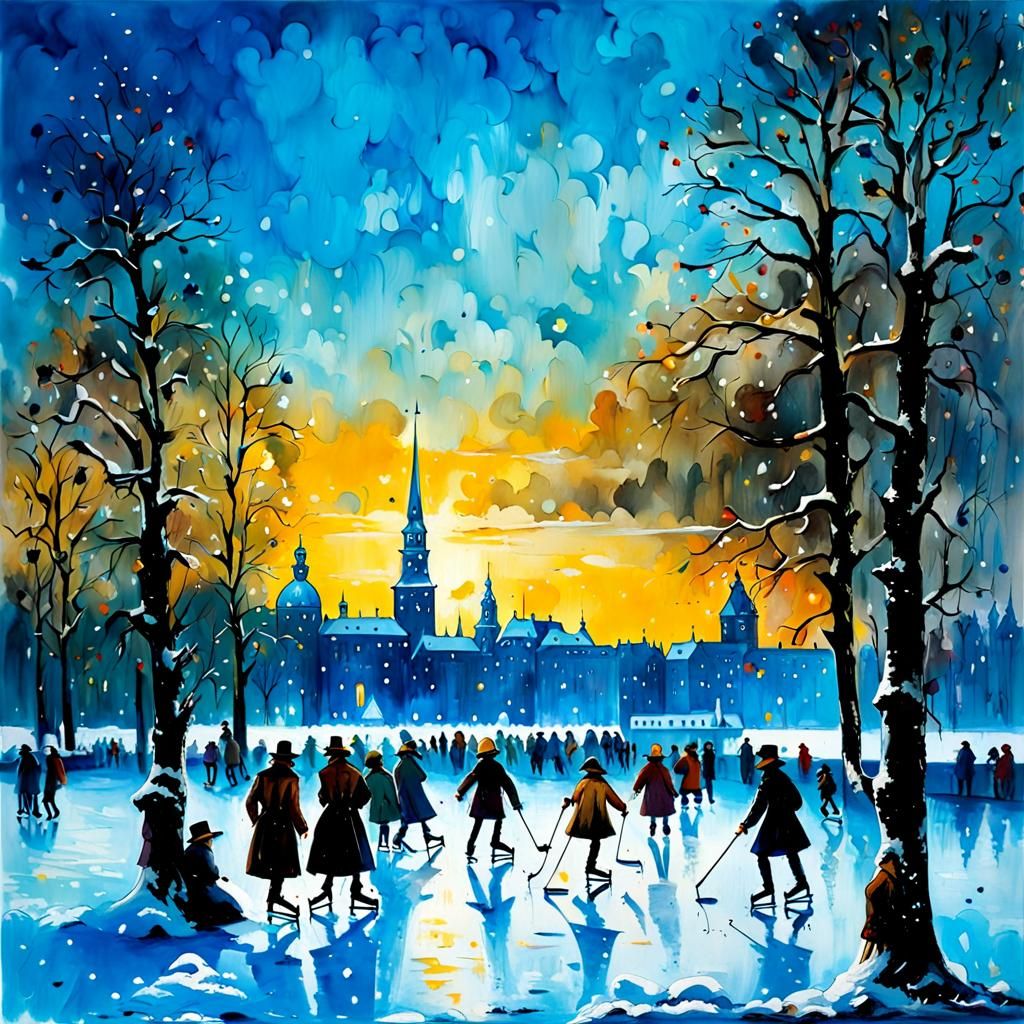 Winter Ice Skating Scene in Rembrandt Style
