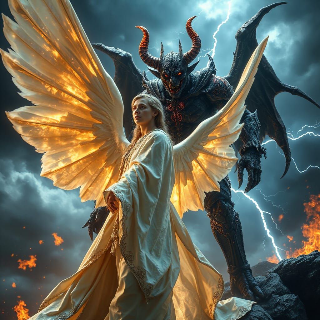 Angel vs Demon in Baroque Chiaroscuro Style