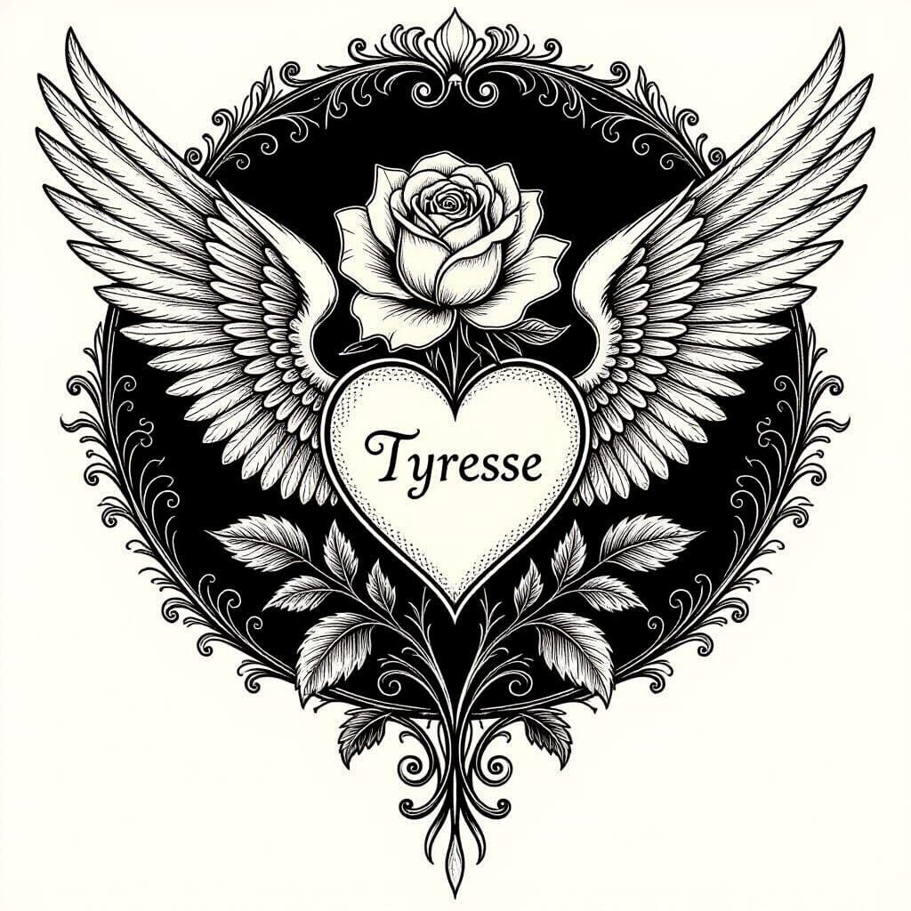 Black and White Rose with Angel Wings and Heart