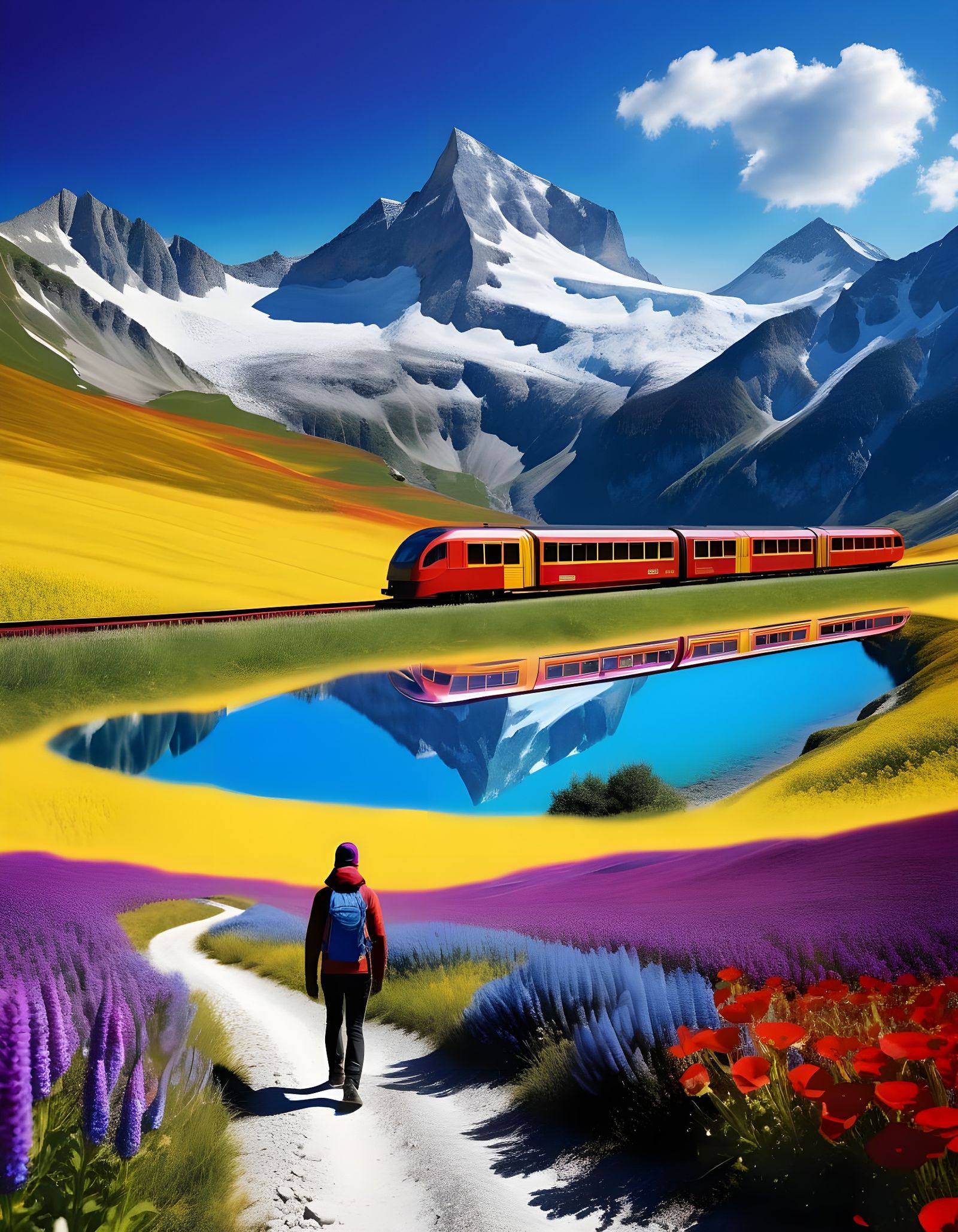 Surreal Swiss Alps Collage with Hiker and Flowers