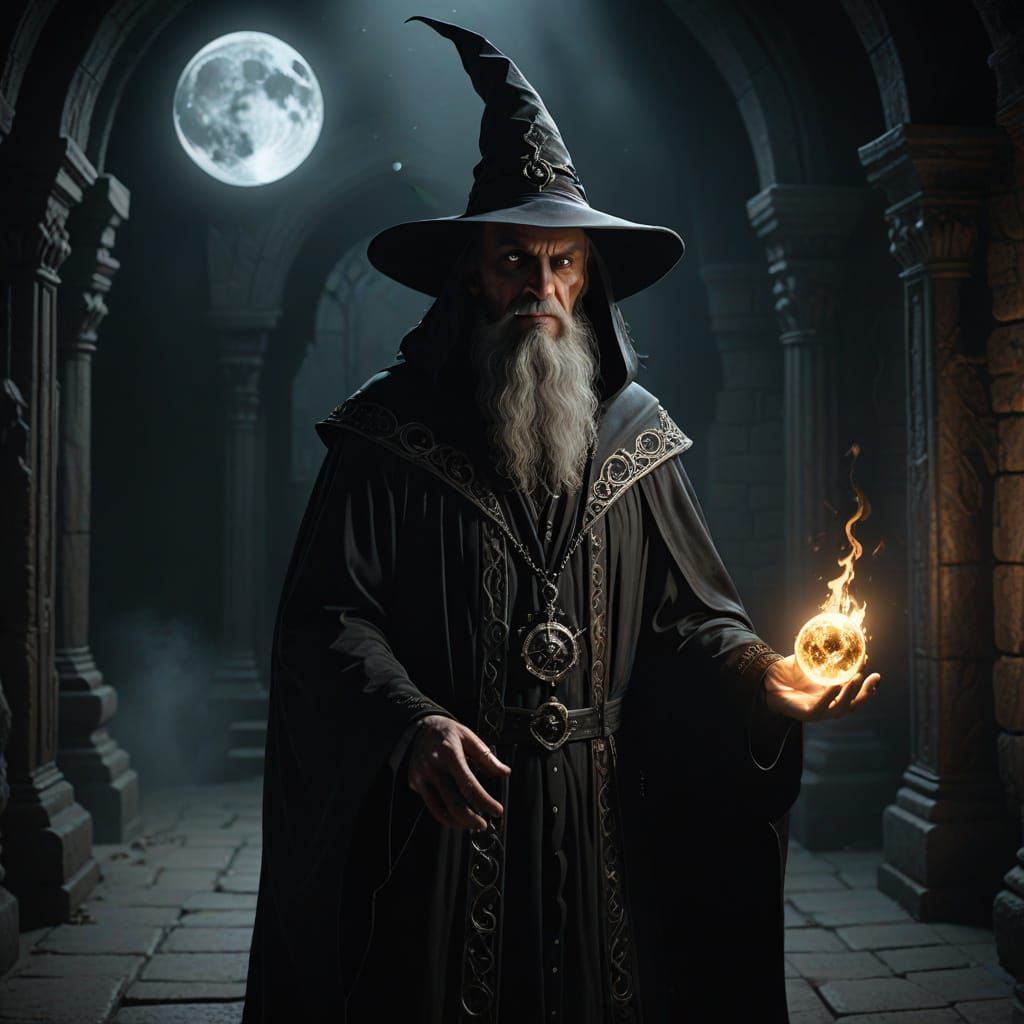 Evil Gothic Wizard Conjuring Spirits in Moonlight