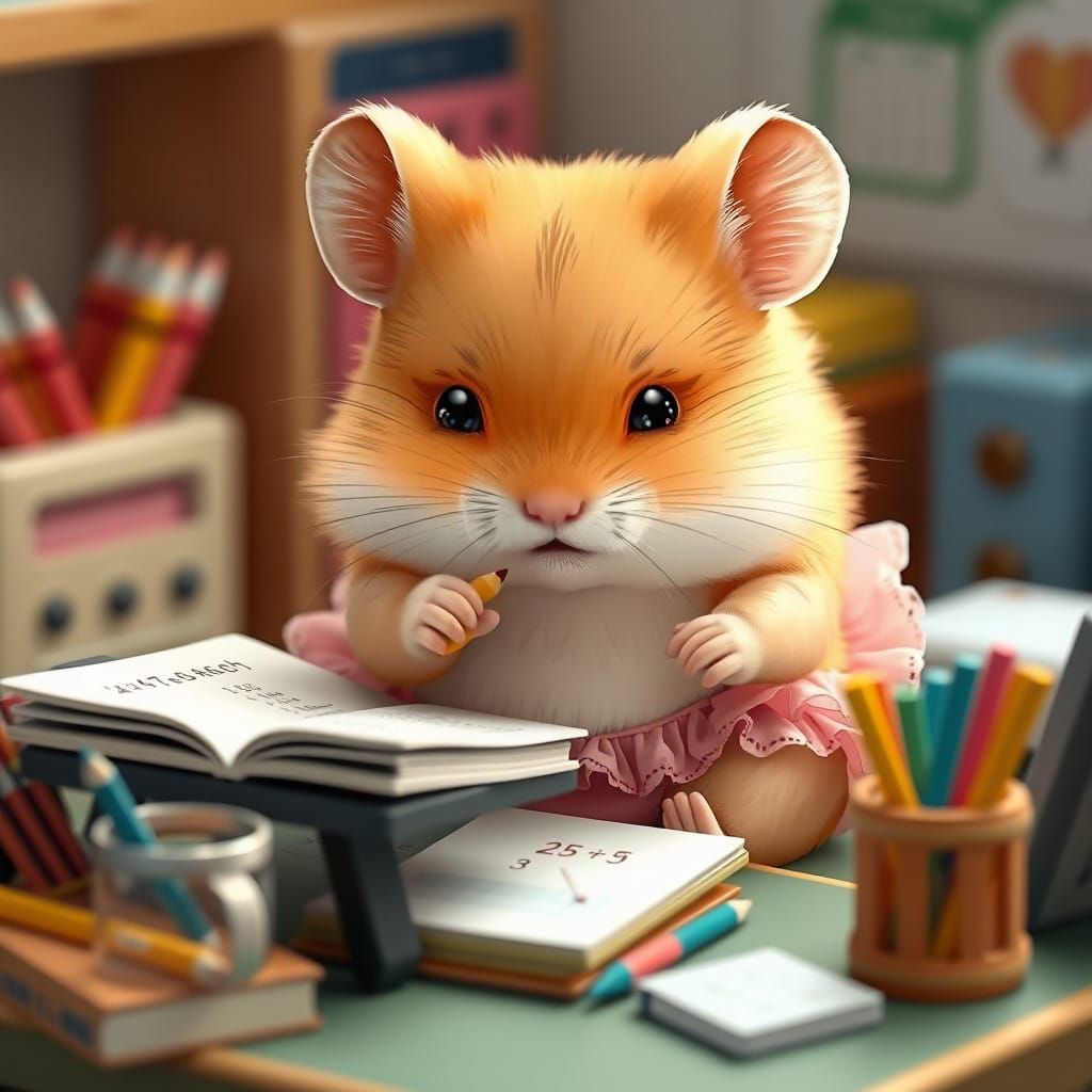Chubby Hamster Concentrates on Math Homework