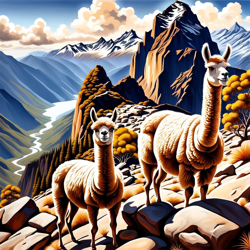 Detailed Llamas and Alpacas Climbing Rocky Mountain