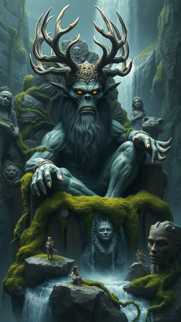 Moss-Encrusted Troll King on Waterfall Throne