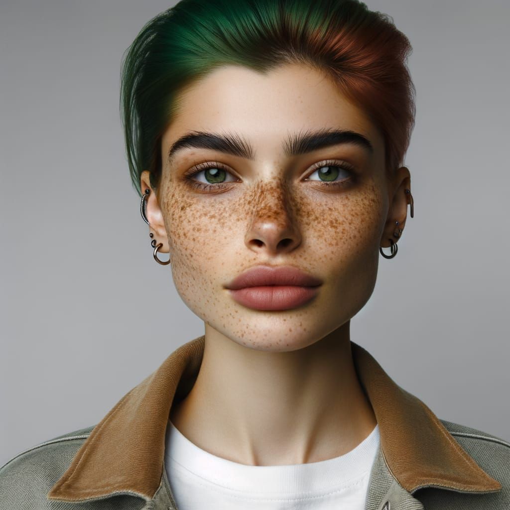 Confident Woman with Green Hair and Freckles