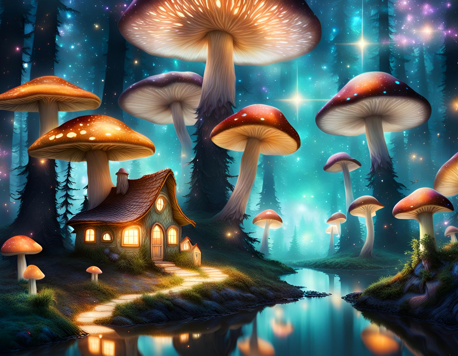 Glittering Fairy Village in Space with Holographic Art