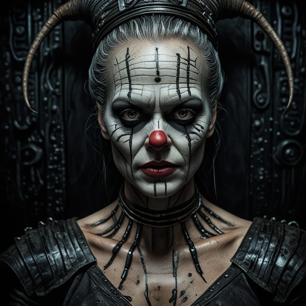Mysterious, Weathered Female Clown in Dark Fantasy Portrait