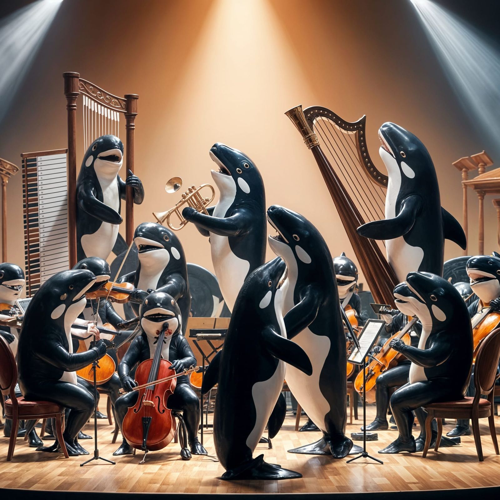 Whimsical Underwater Orca Orchestra in a Golden Kelp Forest