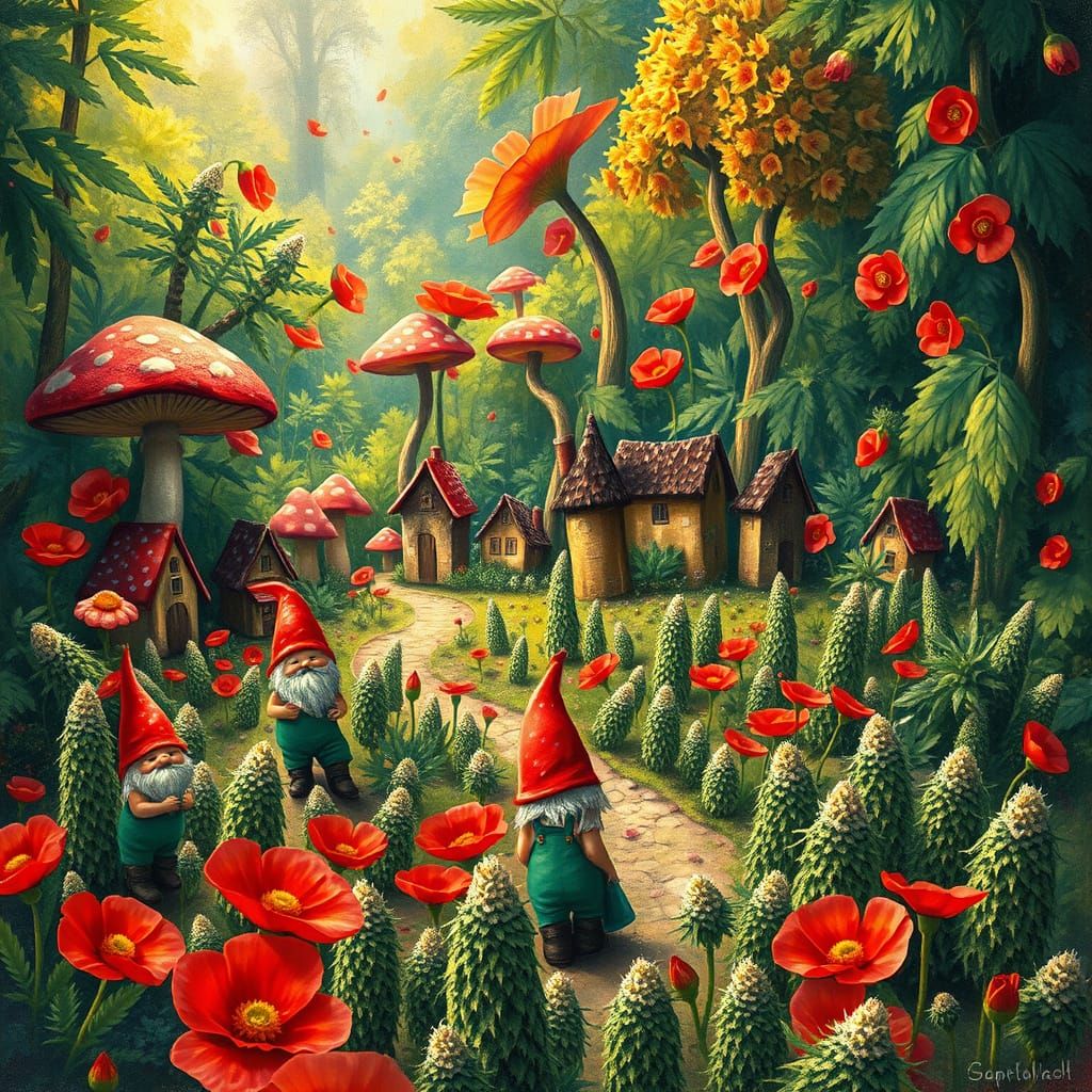 Whimsical Gnome Village in a Vibrant Mushroom Forest