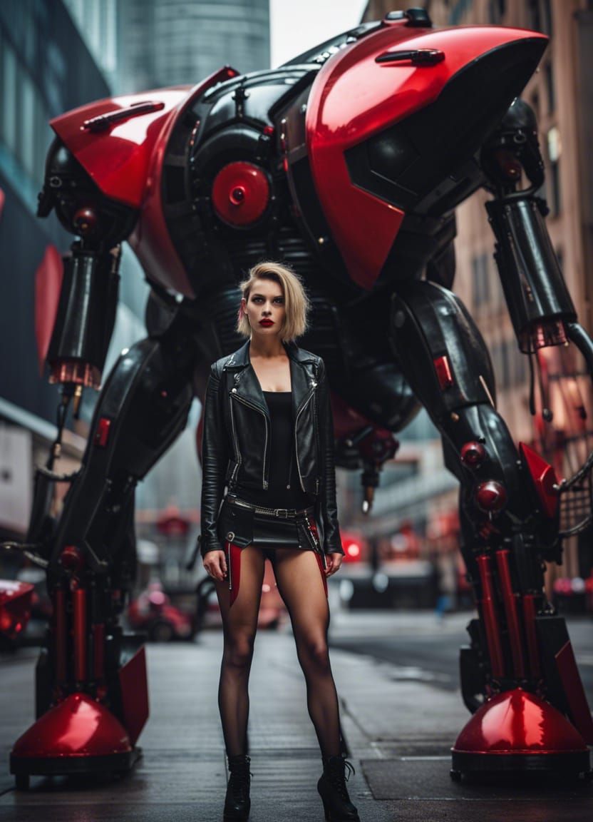 Punk Woman and Futuristic Robot in Cyberpunk City