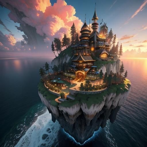 Floating Paradise Island at Sunset: Maximalist Digital Art