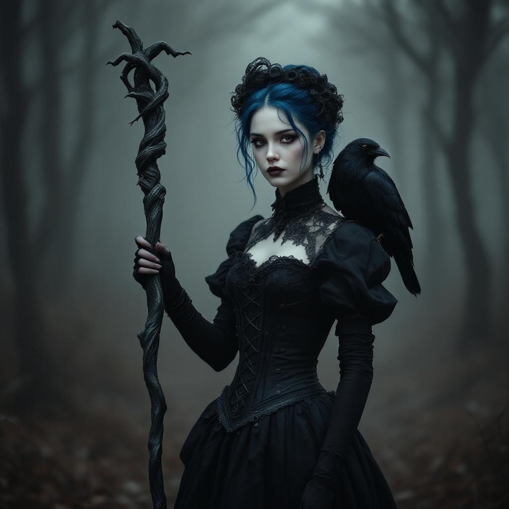 Gothic Woman with Raven in Misty Forest: 19th-Century Style