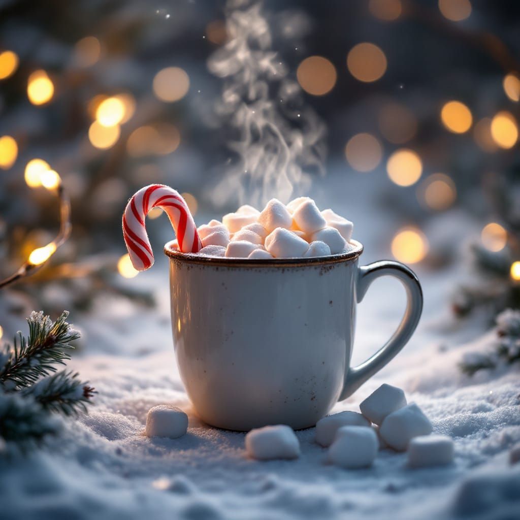 Magical Hot Chocolate on Snowy Path in Film Style