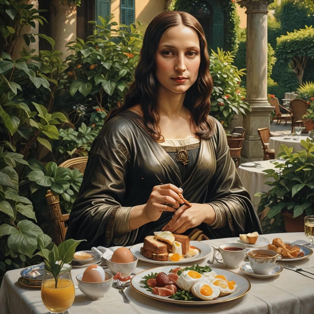 Mona Lisa's Breakfast at Lake Como: Hyperrealistic Art