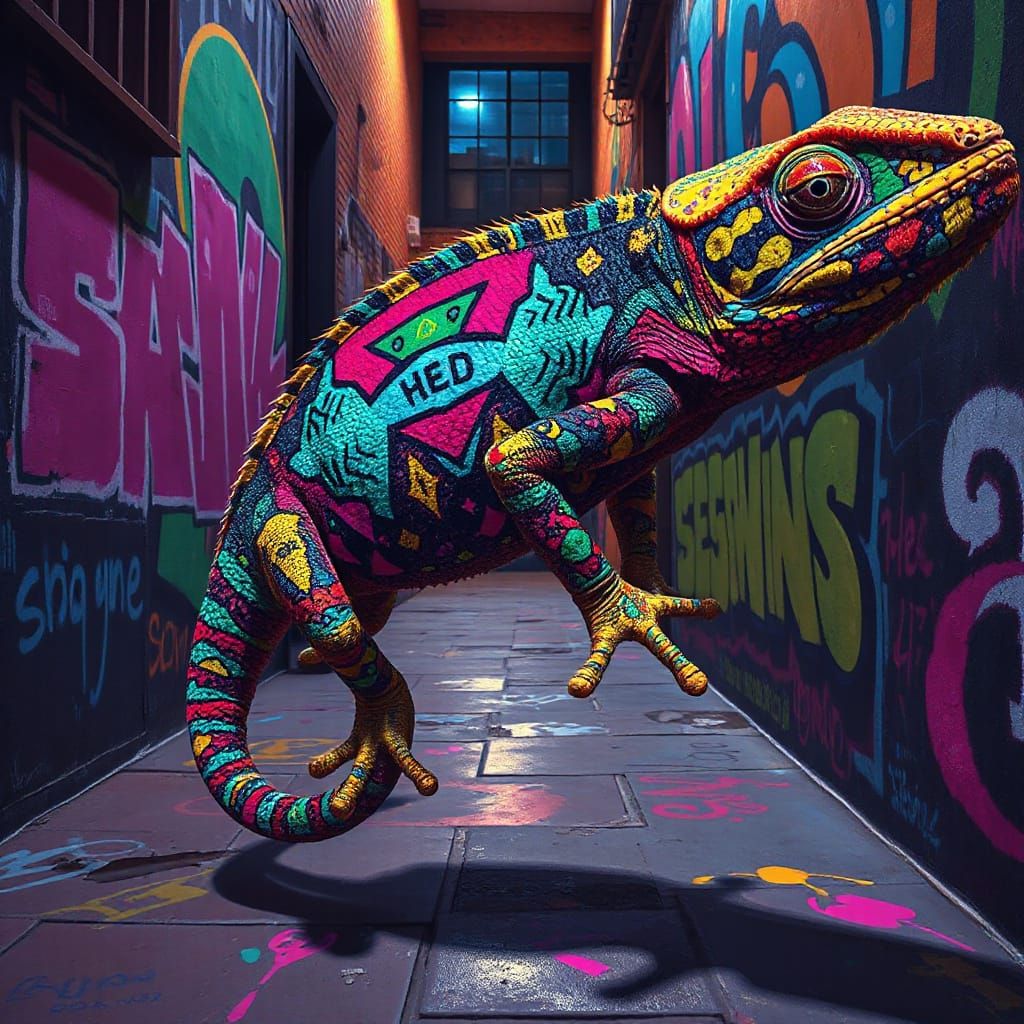 Chameleon Art Masterpiece in Vibrant Graffiti Cityscape