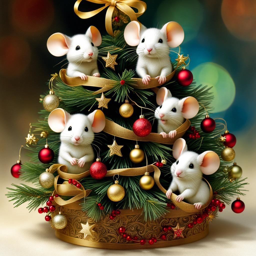 Mice Decorating Christmas Tree in Illustrative Style
