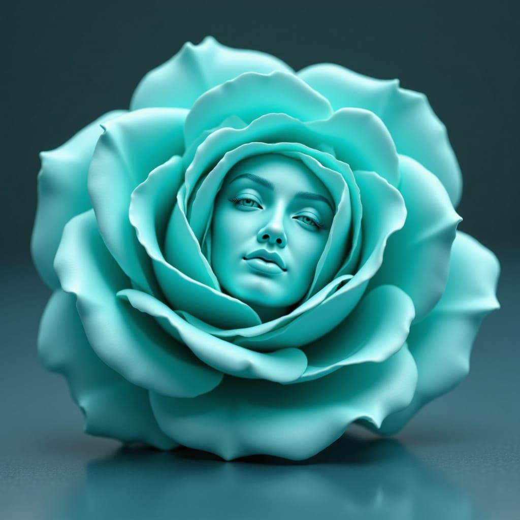 Aqua Rose Sculpture with Serene Face in Neo-Classical Style