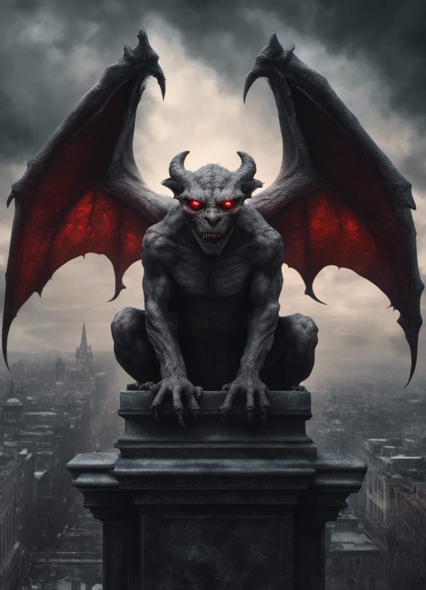 Eerie Gargoyle with Glowing Eyes in Digital Painting