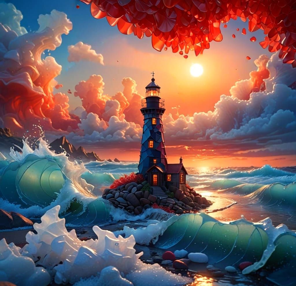 Sea Glass Lighthouse Sculpture: Vivid Blue and Red