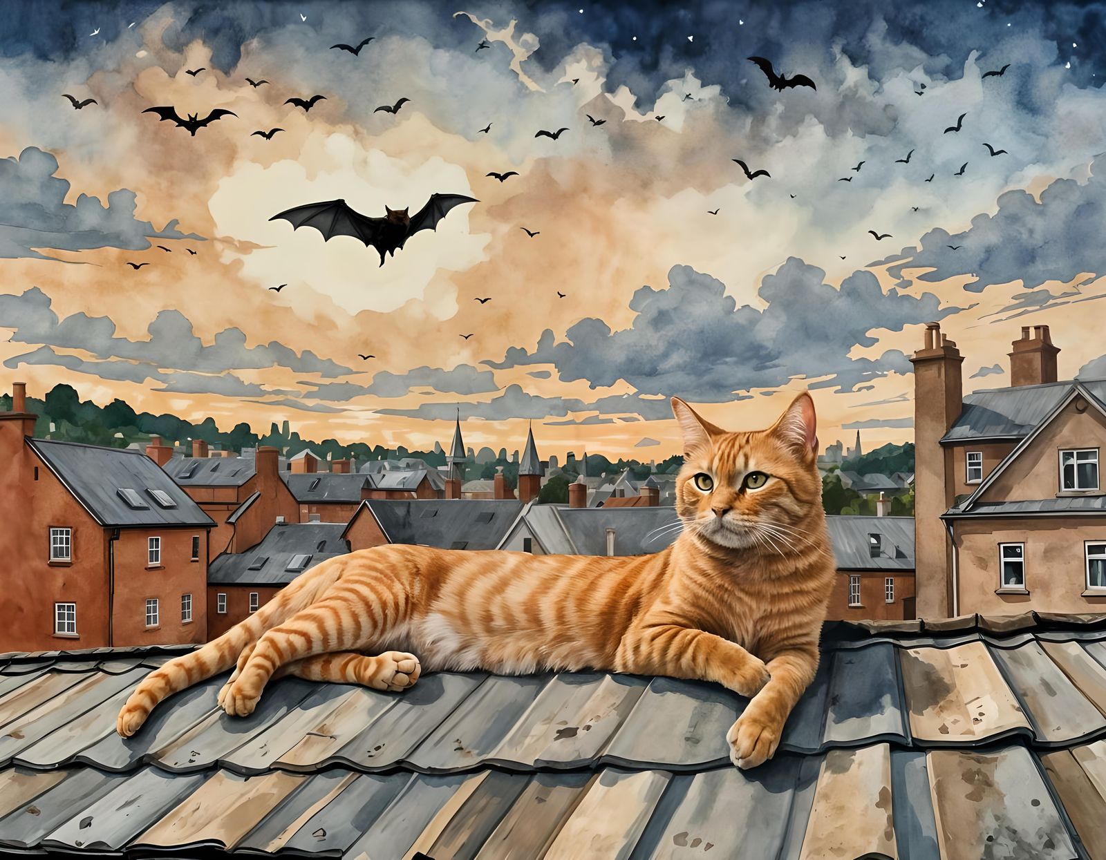 Orange Tabby Cat Watching Bats at Twilight