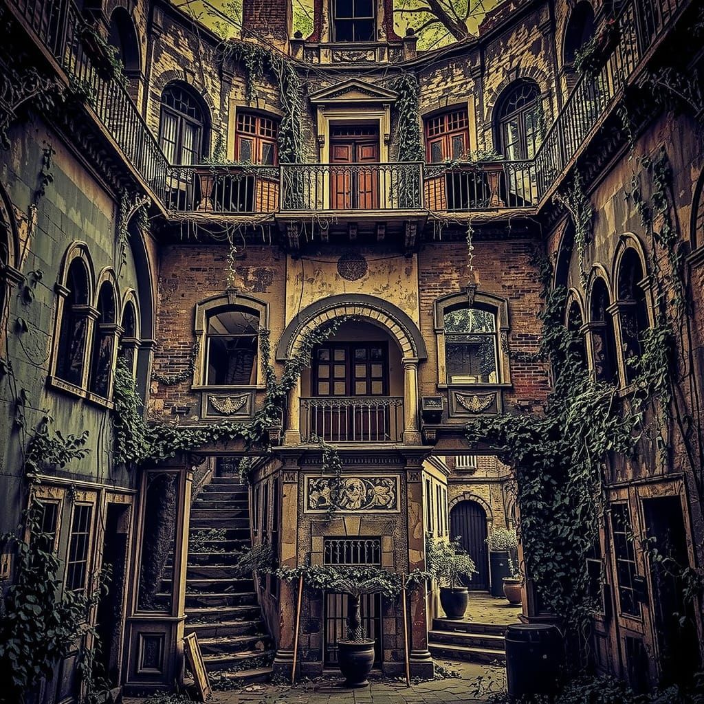 Abandoned City with Crumbling Structures and Lush Vegetation