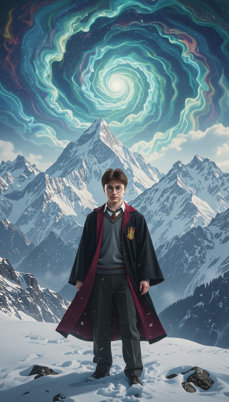 Harry Potter in Surreal, Hyperrealistic Mountain Landscape