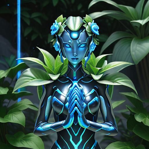 AI gardeners, sleek metallic beings with glowing blue cores, meticulously tend to the plants. They utilize advanced tool...
