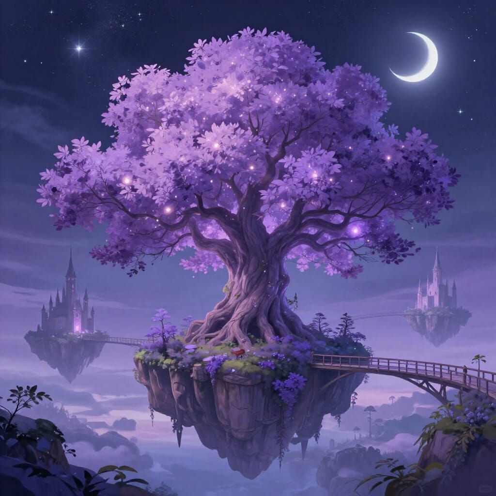 Enchanting Fantasy Tree with Floating Islands Under Starry S...