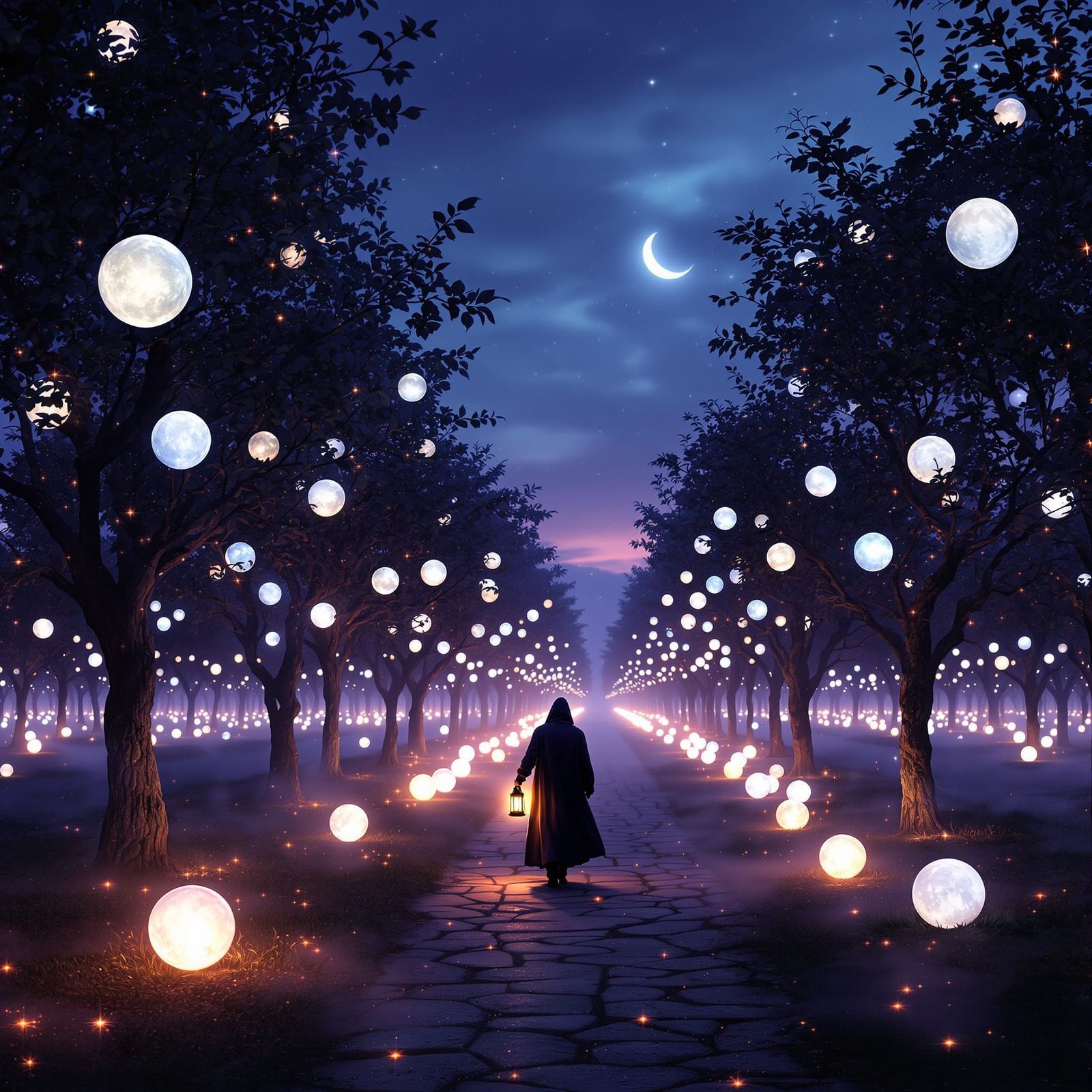Twilight Orchard of Luminous Glass Moons
