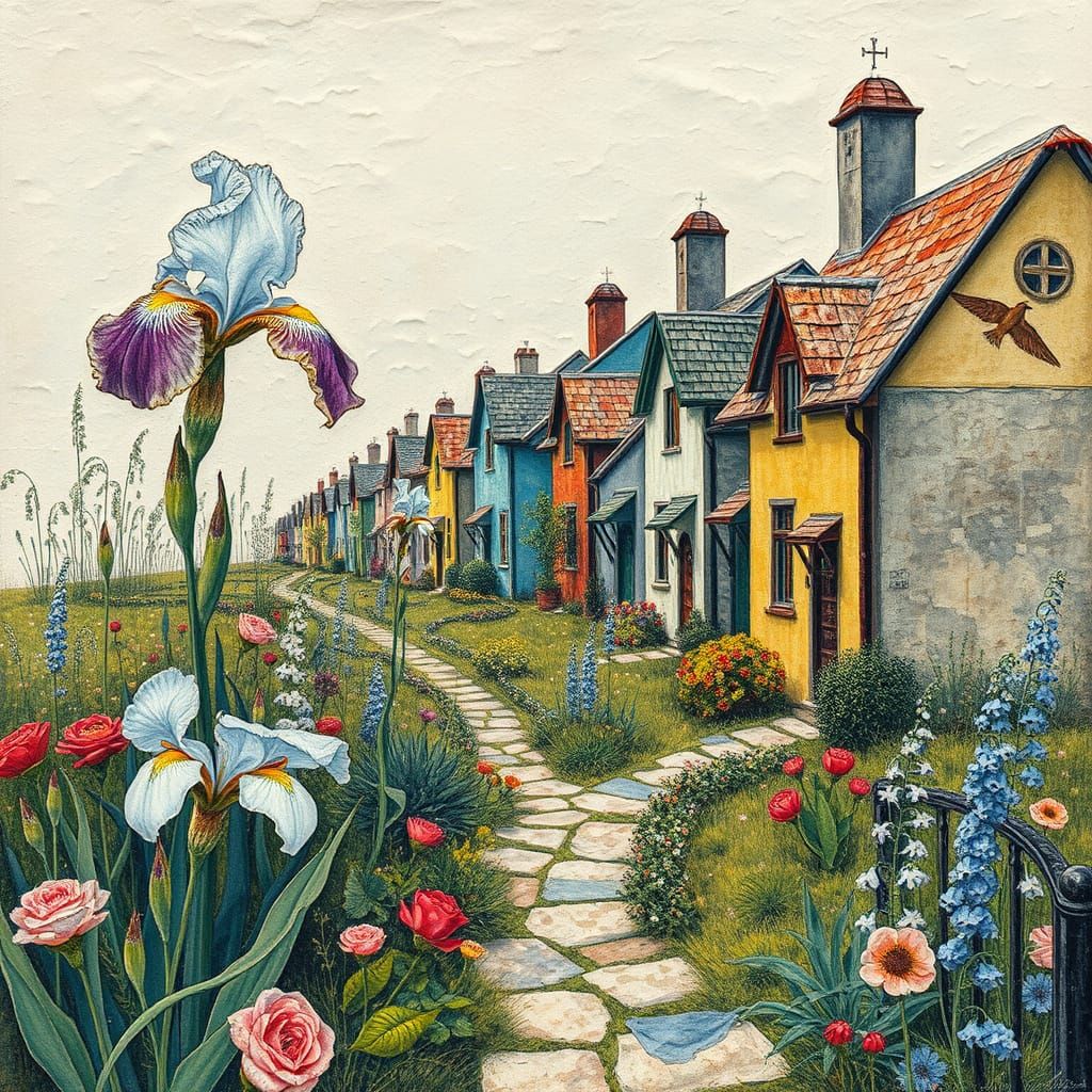 Whimsical Garden Scene in Vibrant Triadic Colors