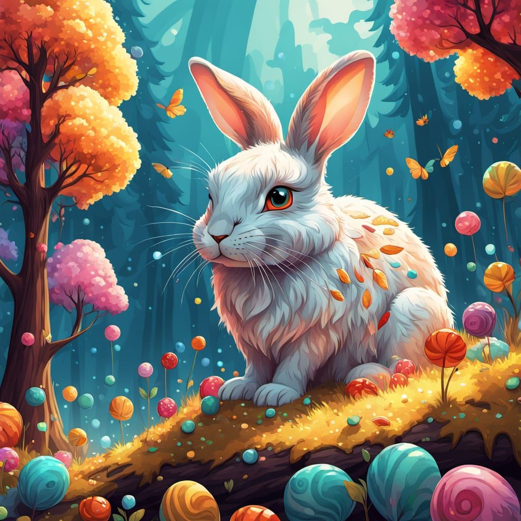 Rabbit Gazing at Tree in Candy Art Style