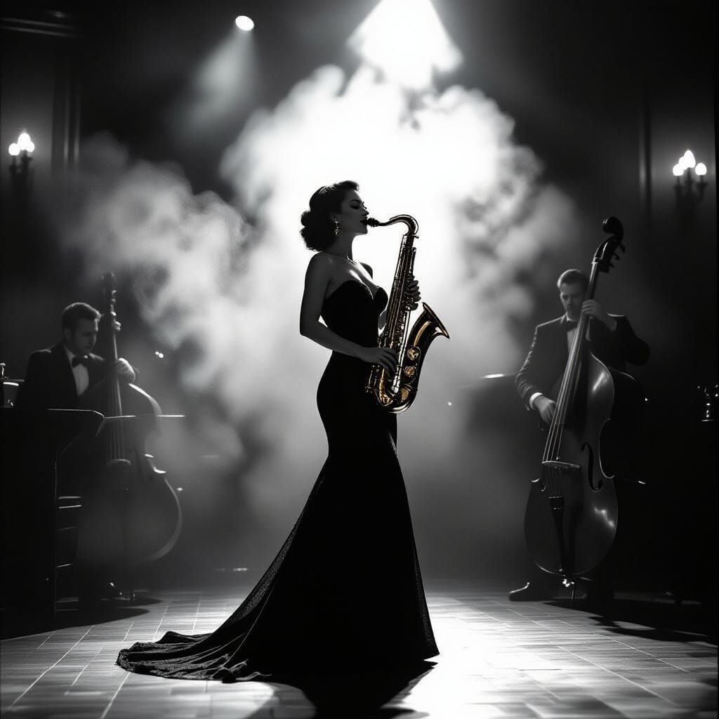 Elegant Singer in 1940s Jazz Club, Black and White