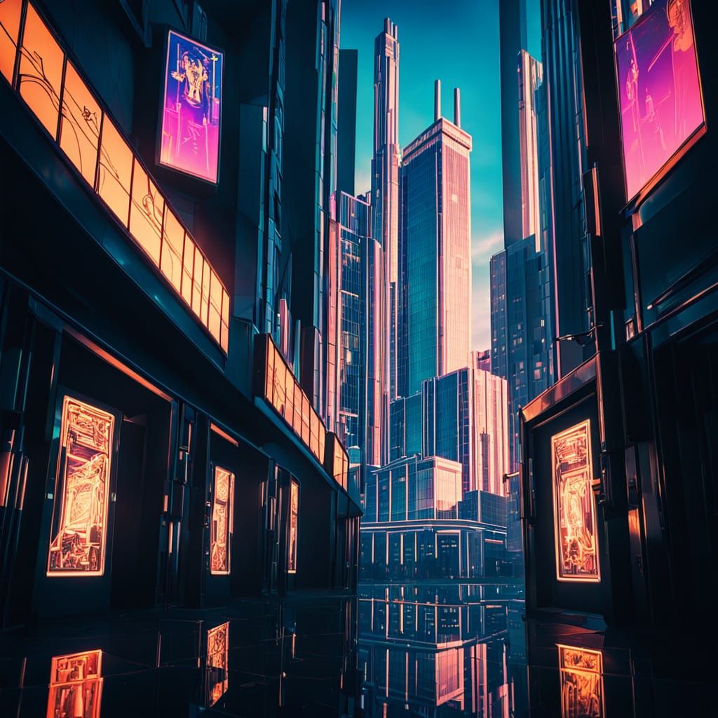 Vibrant Skyscraper Entrance in Neon-Lit Golden Hour