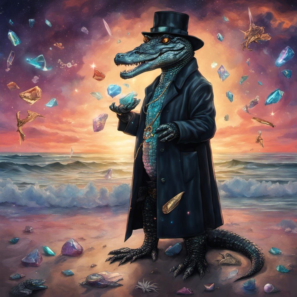 Alligator Salesman on the Beach, Pablo Amaringo Style